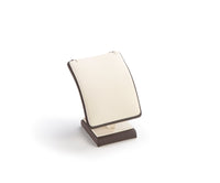 A chocolate/beige leatherette pendant stand with a square base, designed to hold pendants for display.