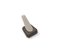 A single ring finger made of chocolate and beige leatherette, designed to hold one ring on a trapezoid base.