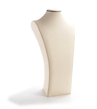 A mannequin torso with a chocolate and beige leatherette finish, designed for displaying necklaces.