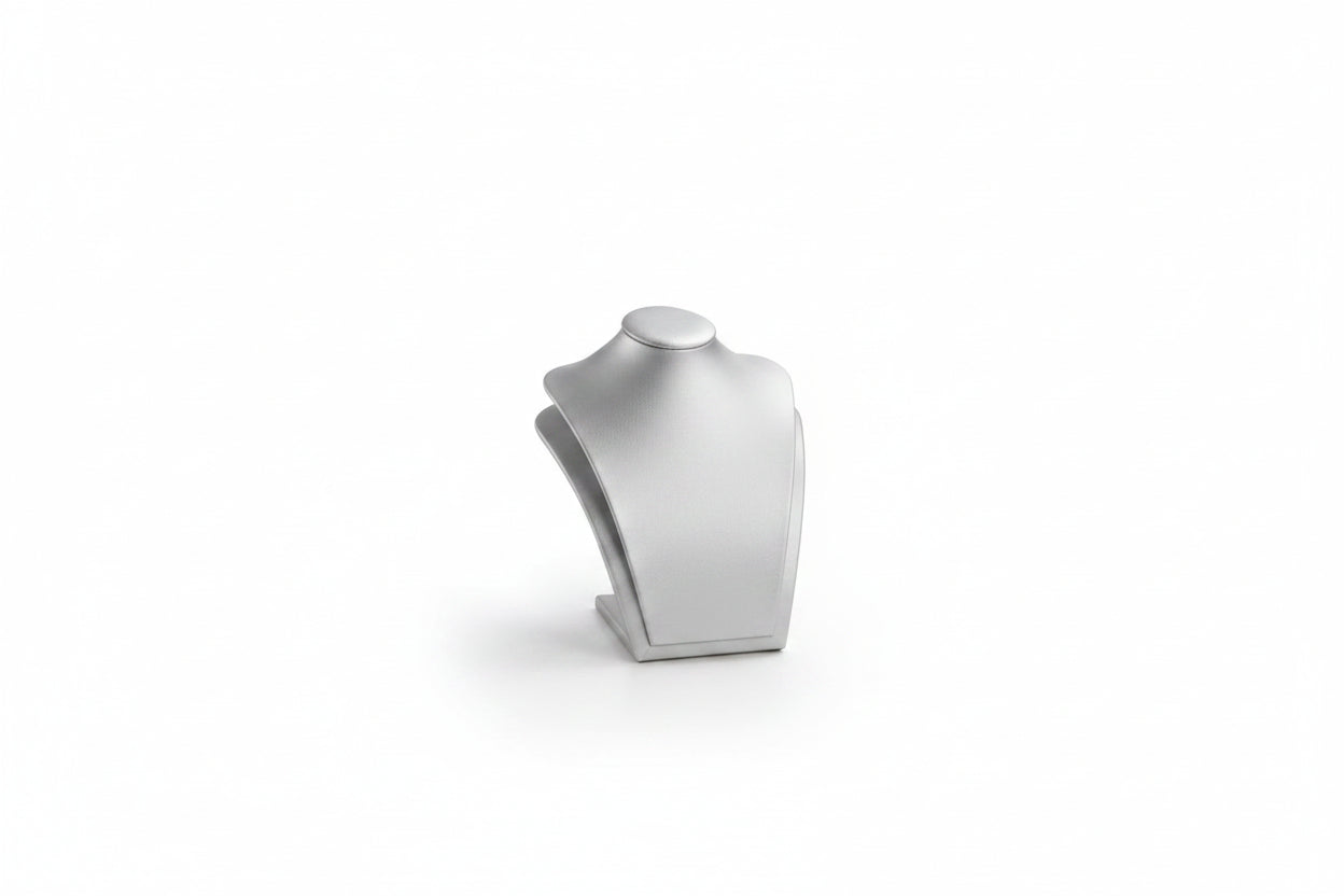 A grey  leatherette pendant stand designed to hold a large pendant.