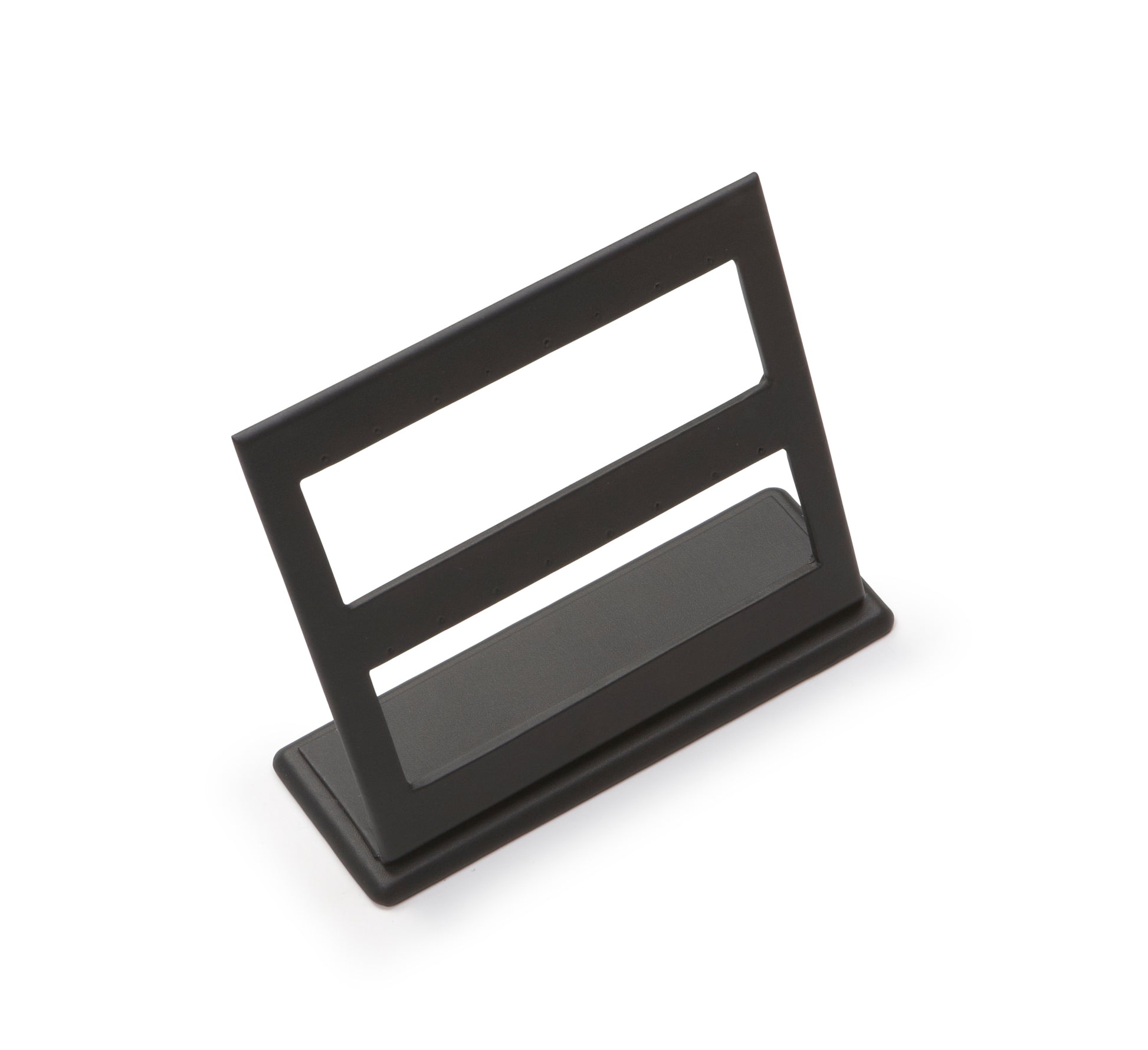Black leatherette earring stand designed to hold 8 pairs of earrings.