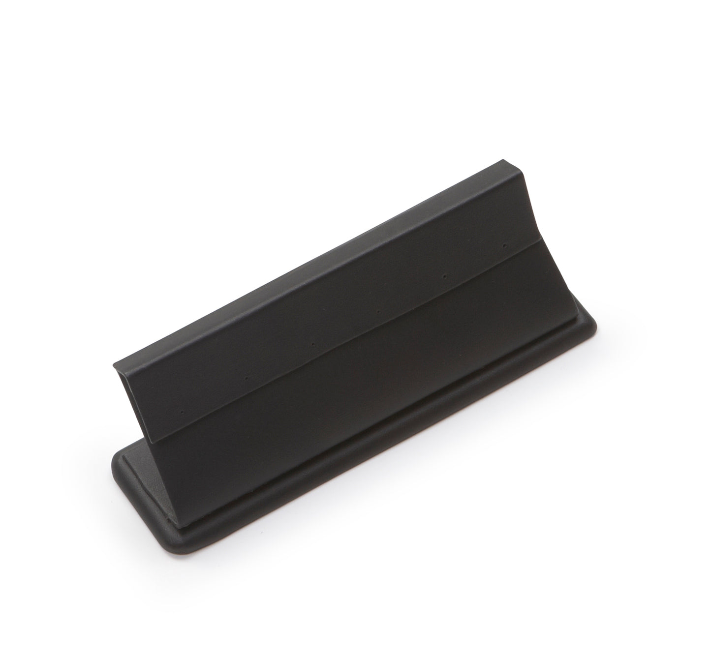 Black leatherette earring stand designed to hold multiple earrings, with a sleek and modern appearance.