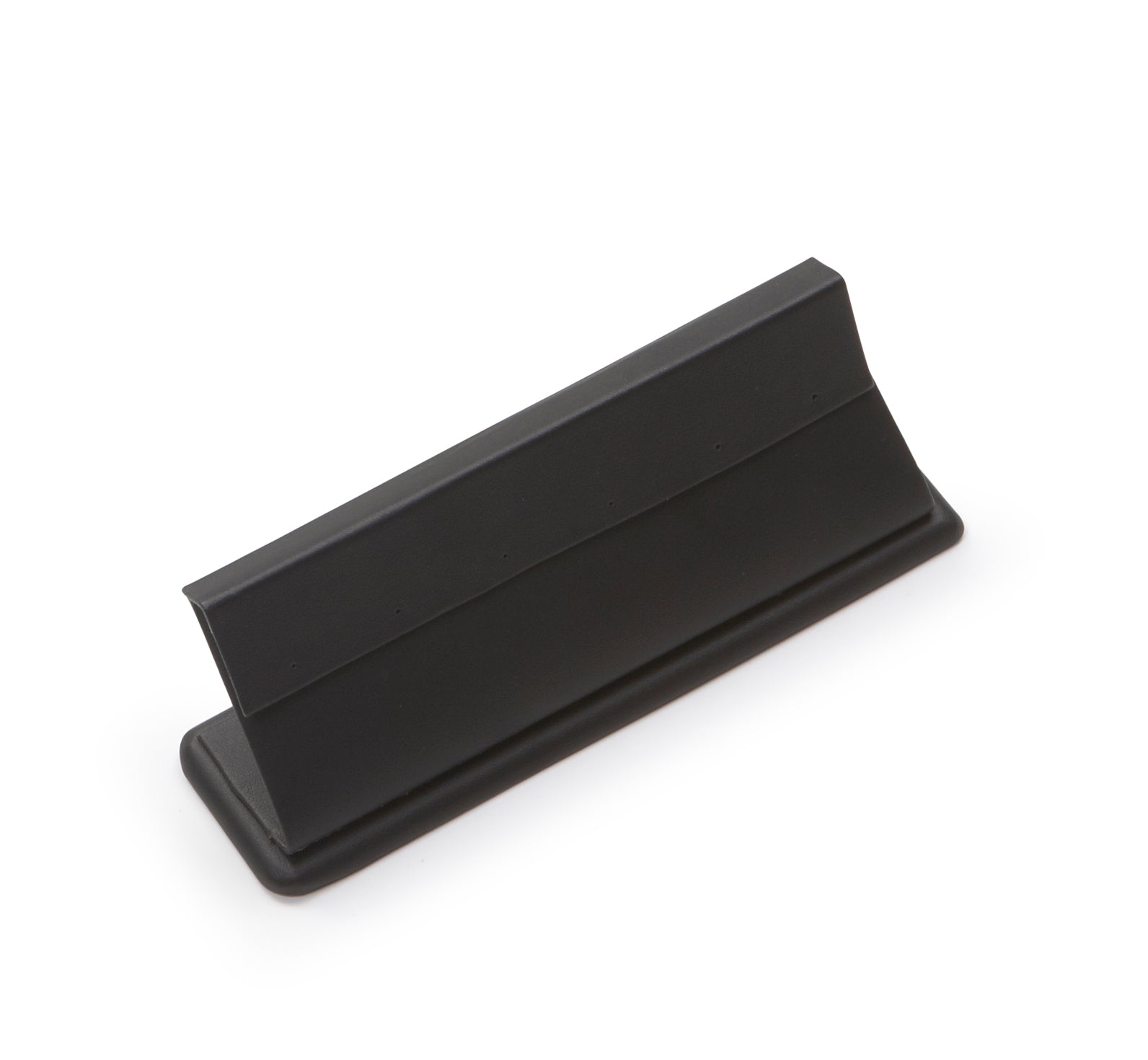 Black leatherette earring stand designed to hold multiple earrings, with a sleek and modern appearance.