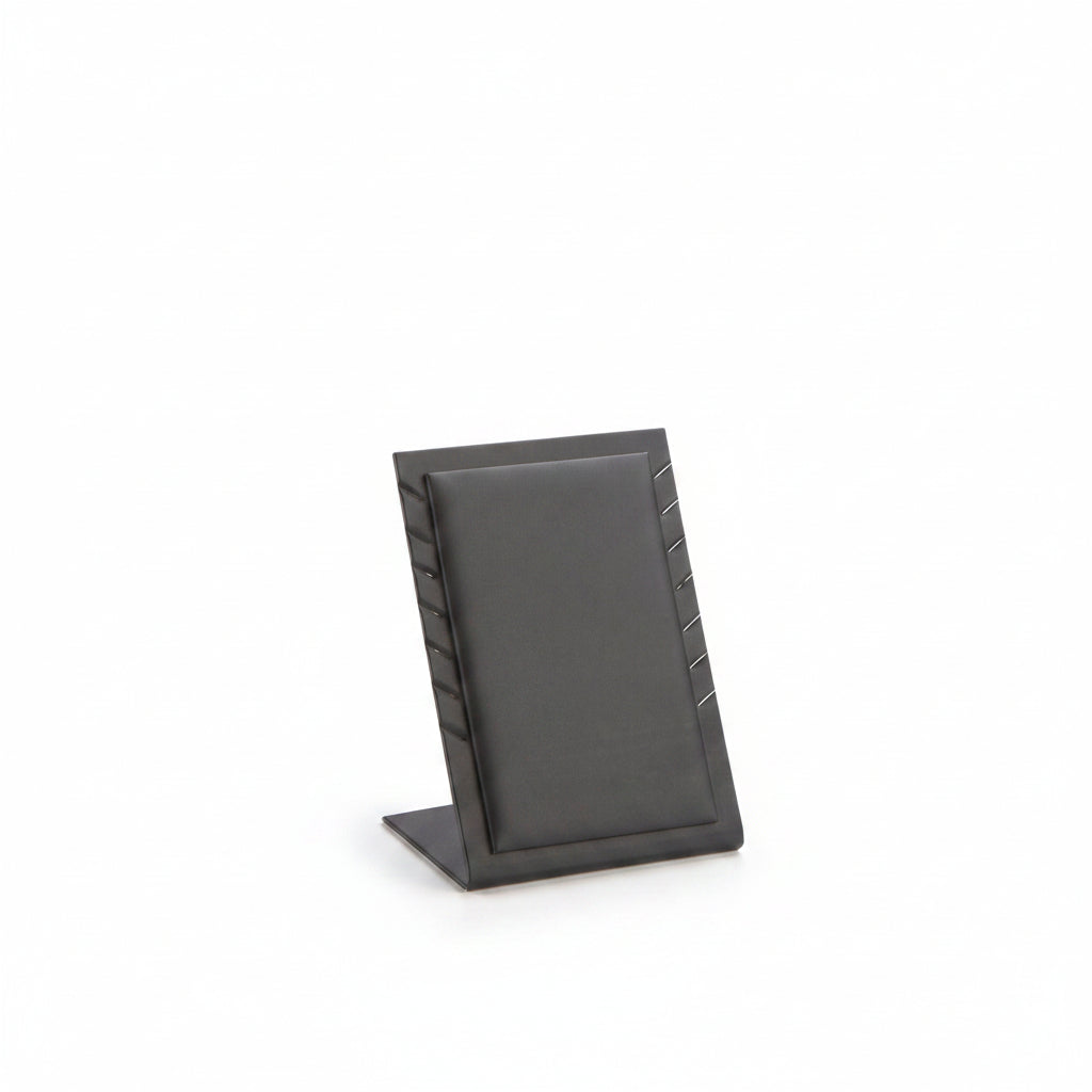 A black leatherette 7 pendant stand with a sleek and sophisticated appearance, designed for displaying jewelry or accessories.