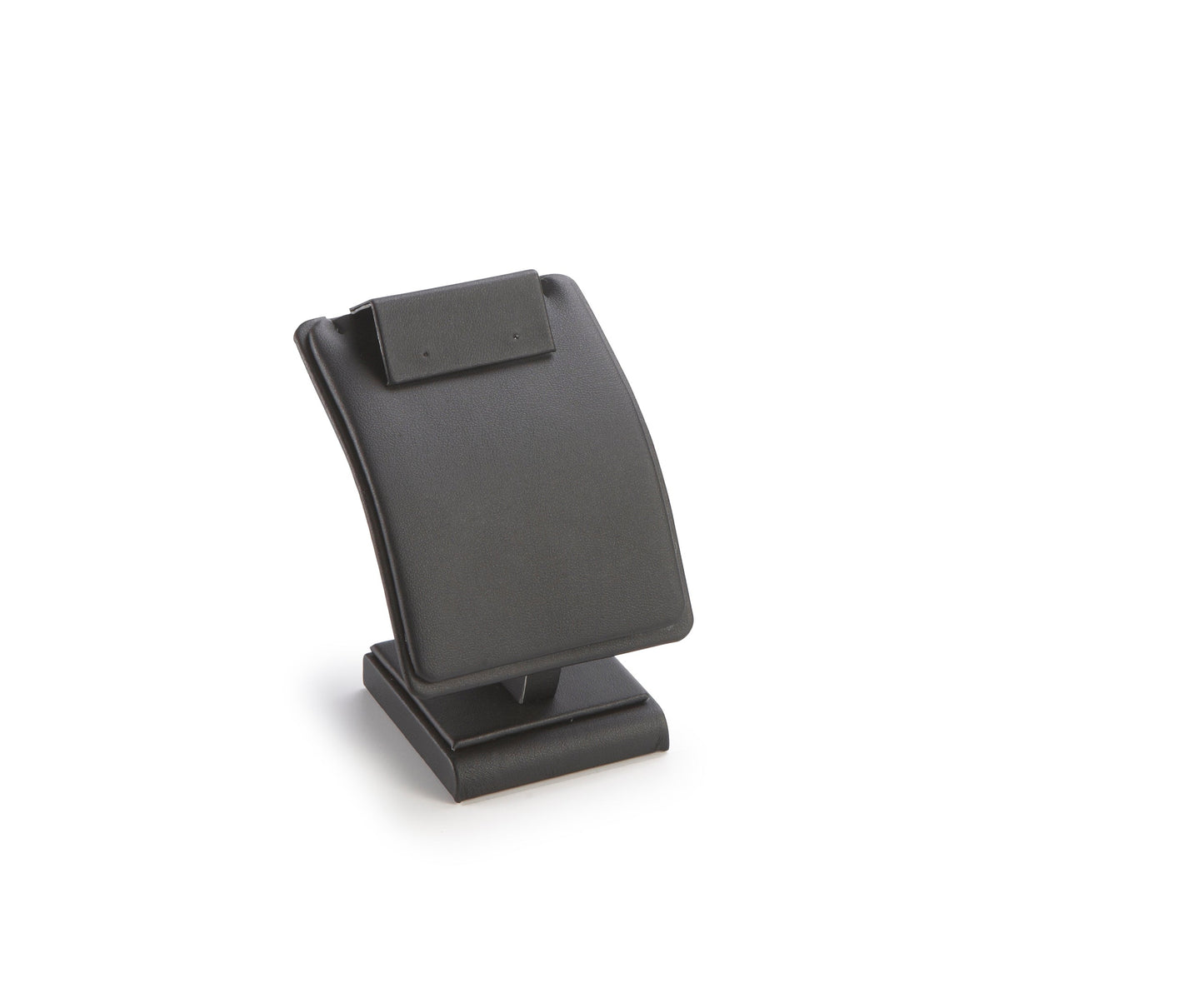 A black leatherette earring/pendant stand with a sleek and sophisticated look, designed to display jewelry items.