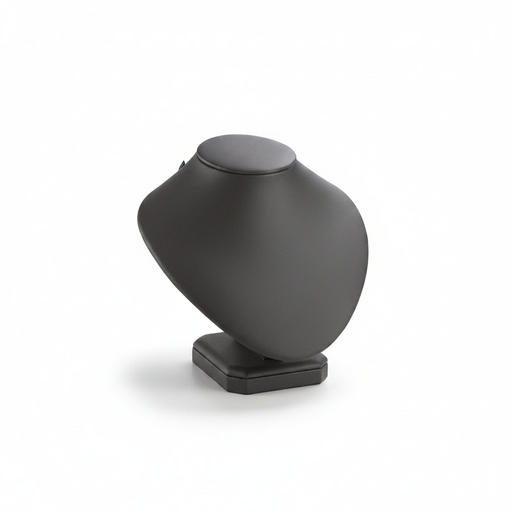 A black leatherette medium neckform designed for displaying necklaces, with a smooth and polished appearance.