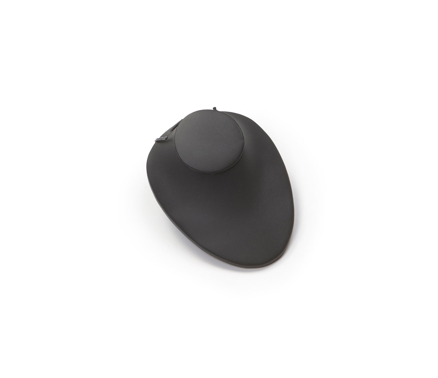 A small neckform with a black leatherette finish, designed to display necklaces.