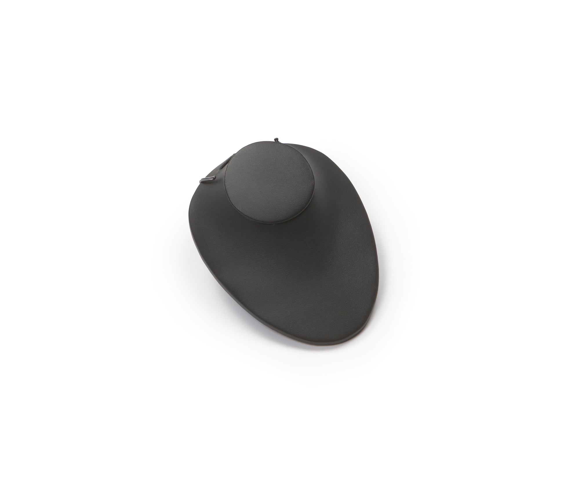 A small neckform with a black leatherette finish, designed to display necklaces.