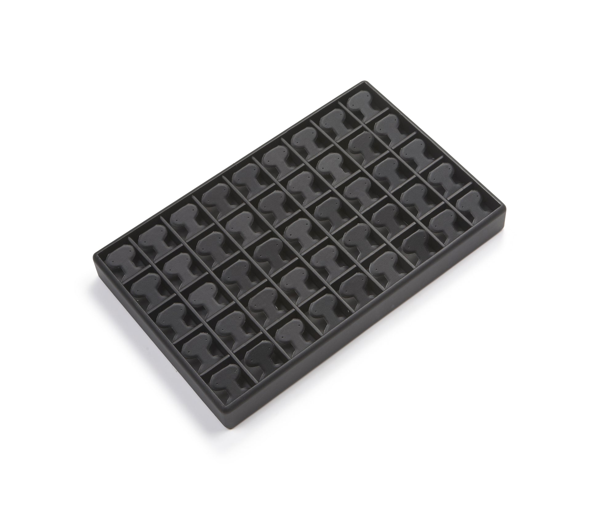 Black leatherette tray with multiple compartments for organizing items such as jewelry or accessories.