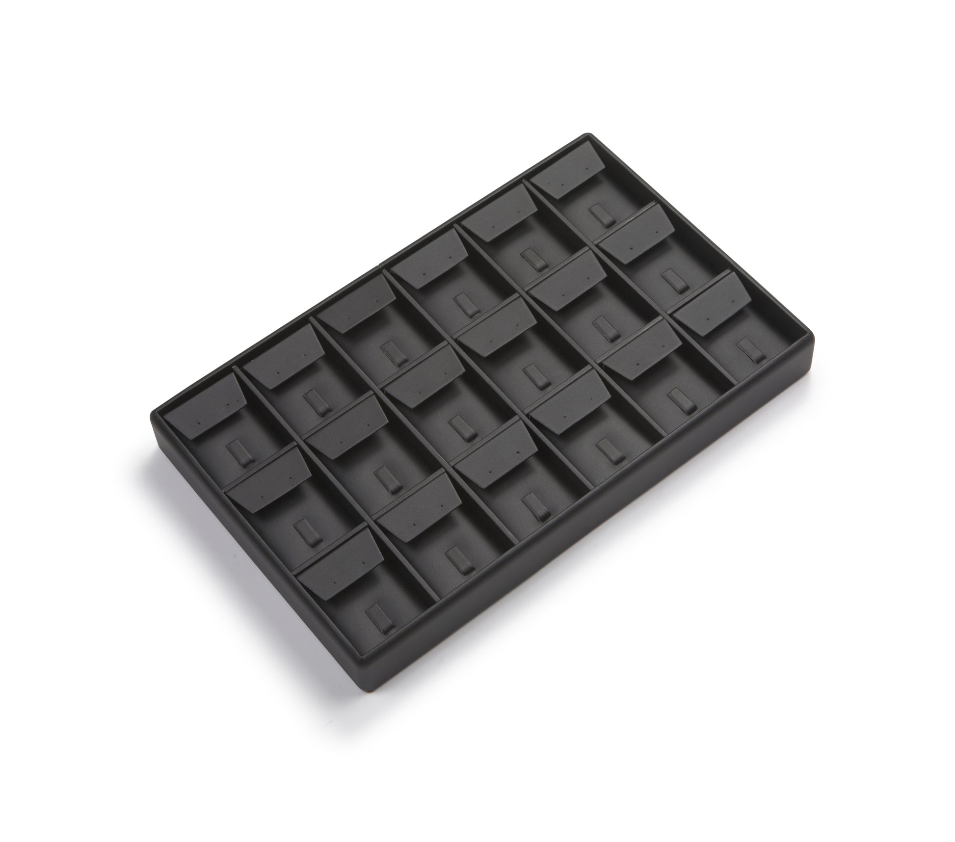 Black leatherette jewelry tray with multiple compartments for organizing rings and earrings, featuring a sleek and modern design.