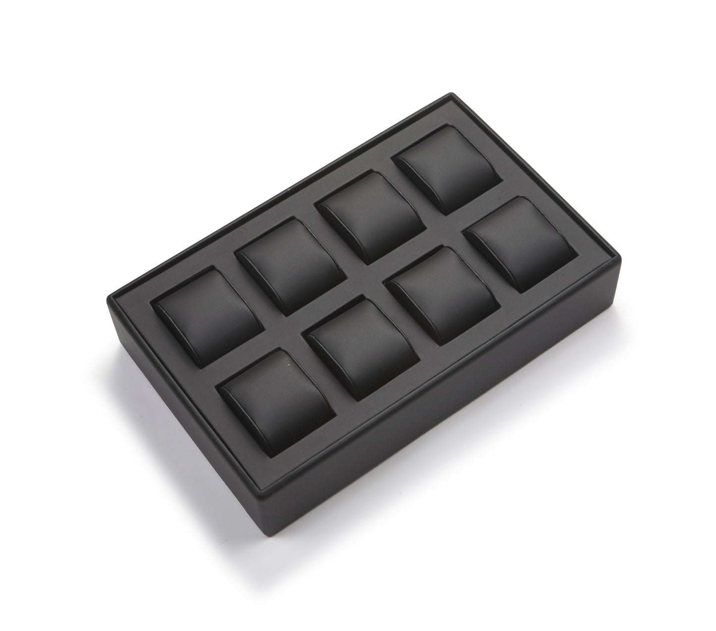 Black leatherette watch display tray with multiple compartments, cushioned interior.
