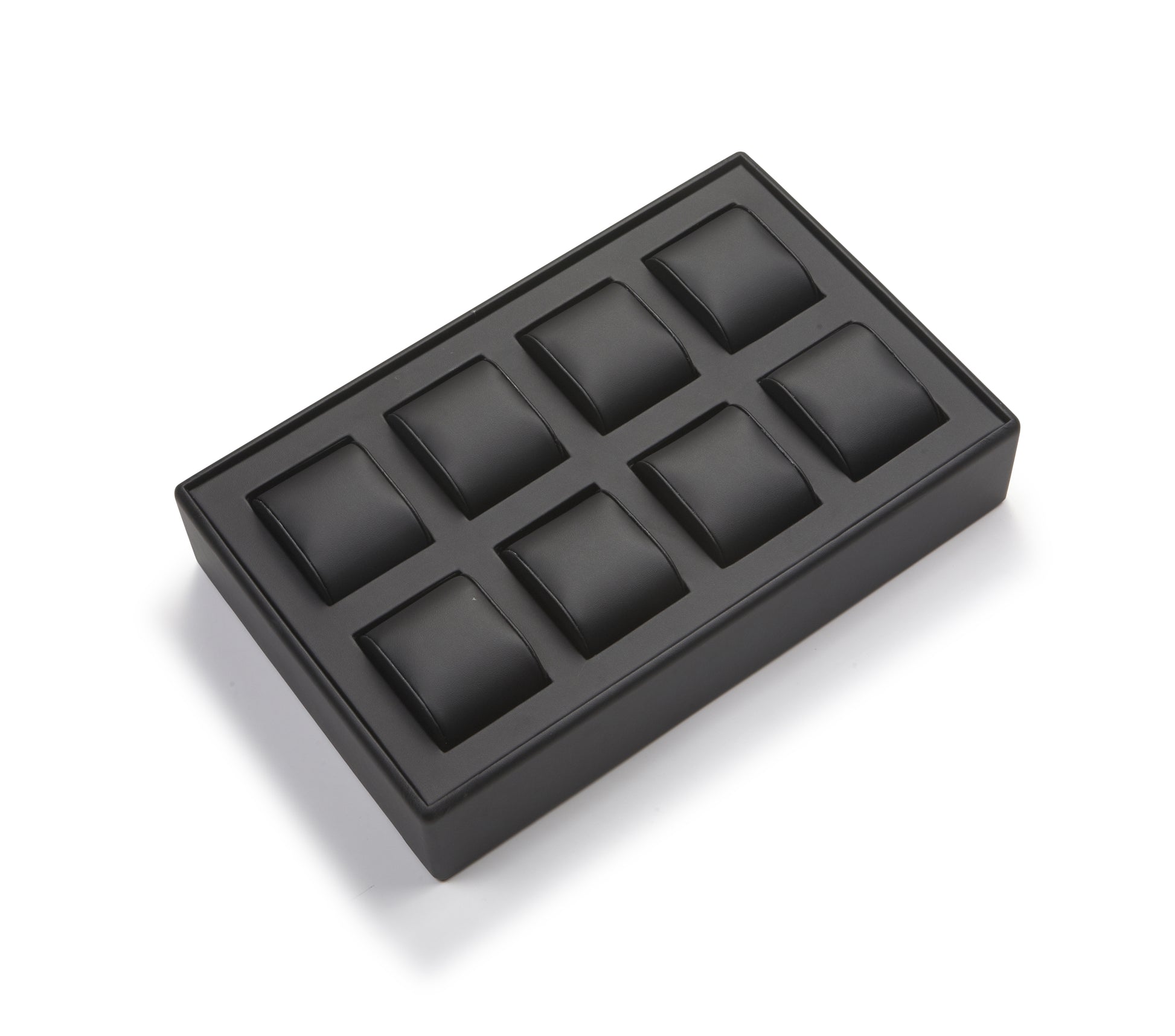 Black leatherette watch display tray with multiple compartments, cushioned interior.