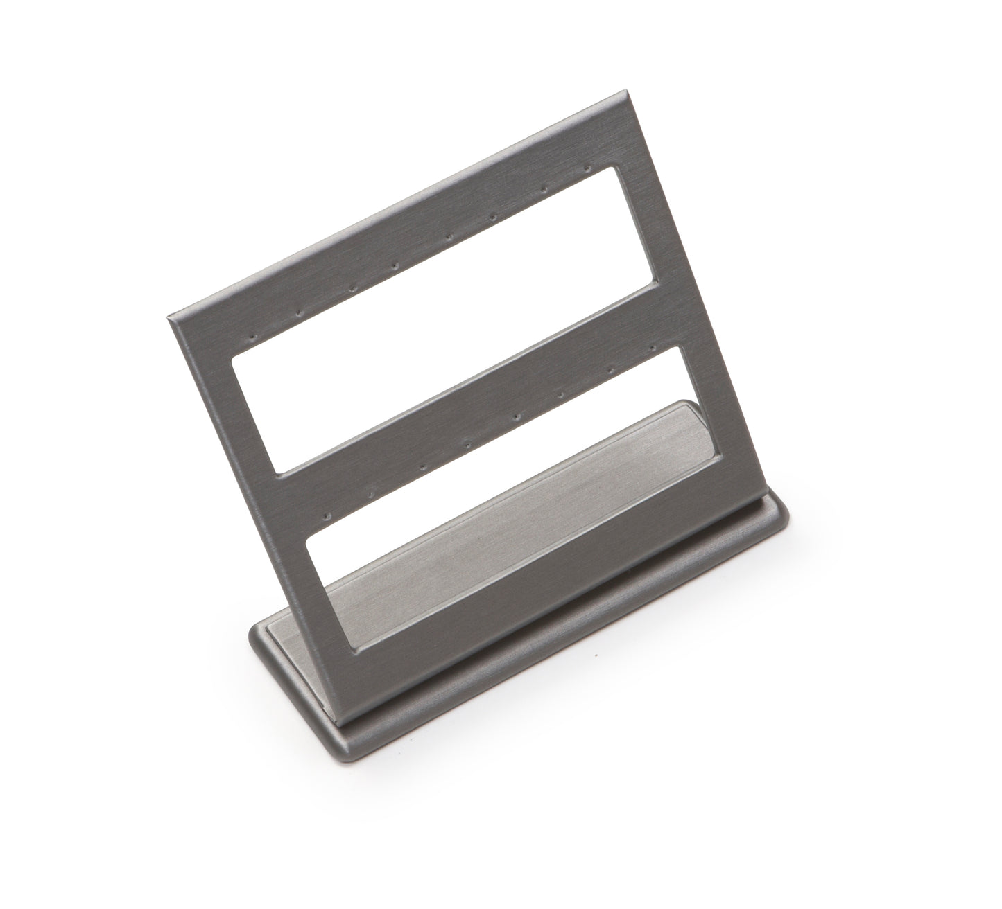 A silver gray leatherette earring stand designed to hold up to 8 pairs of earrings, with a sleek and sophisticated look.
