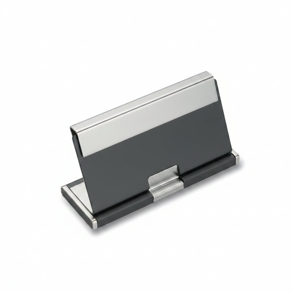 An angled view of a silver gray leatherette earring stand designed to hold two pairs of earrings.