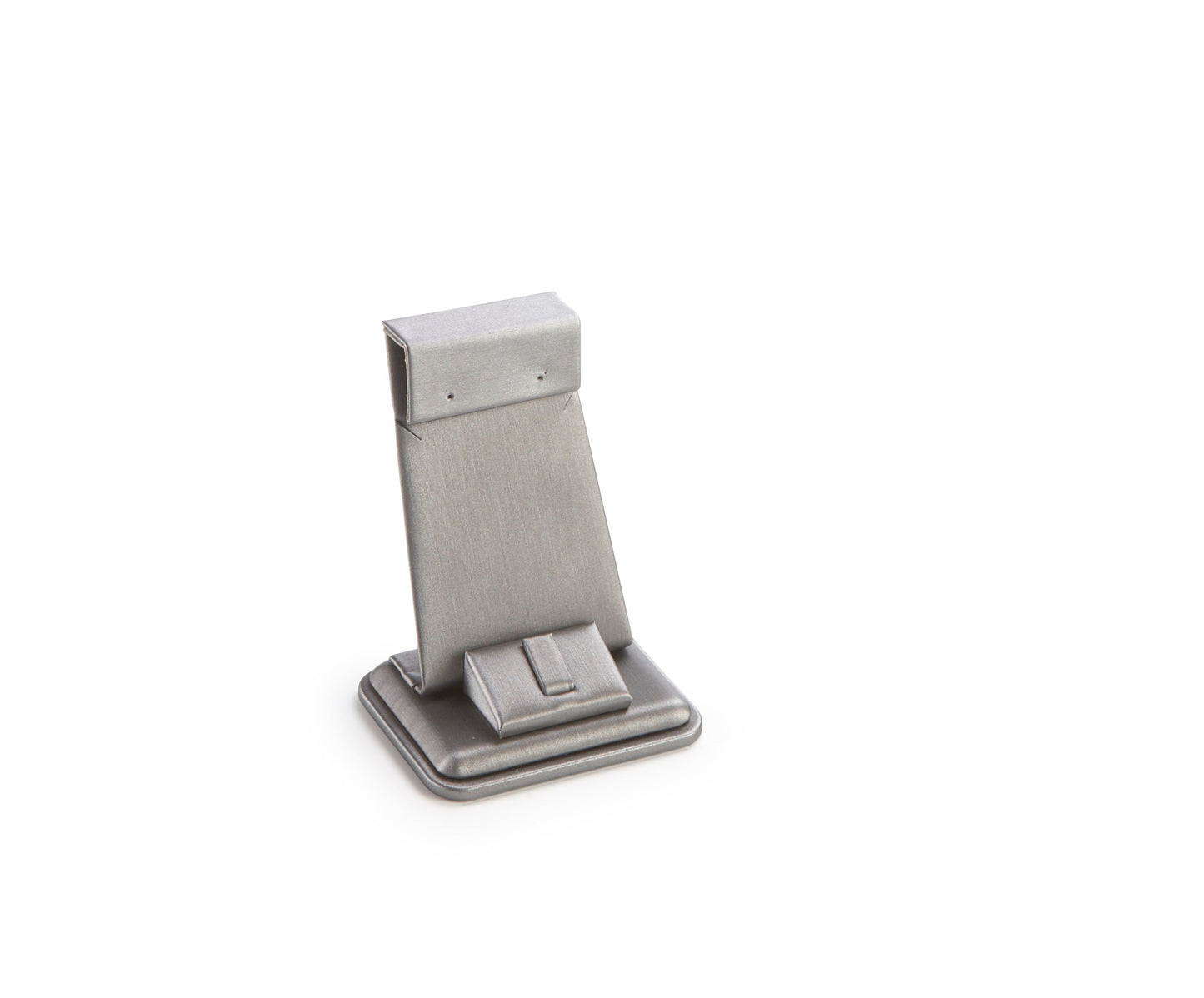 A silver gray leatherette earring/ring stand with a sleek design, isolated on a white background.