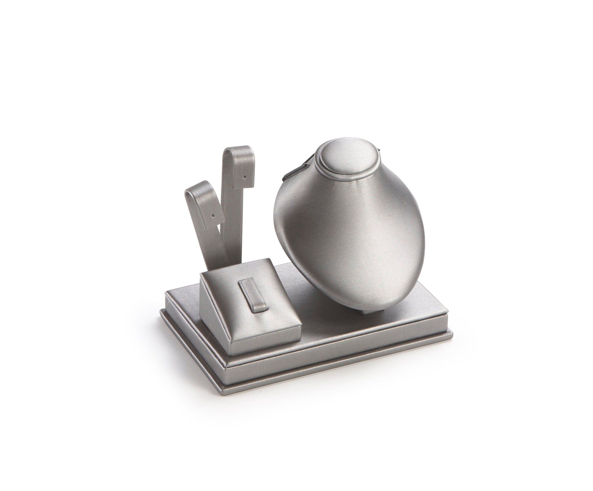 A silver gray leatherette jewelry stand designed to hold earrings, rings, or pendants, featuring a sleek modern design.