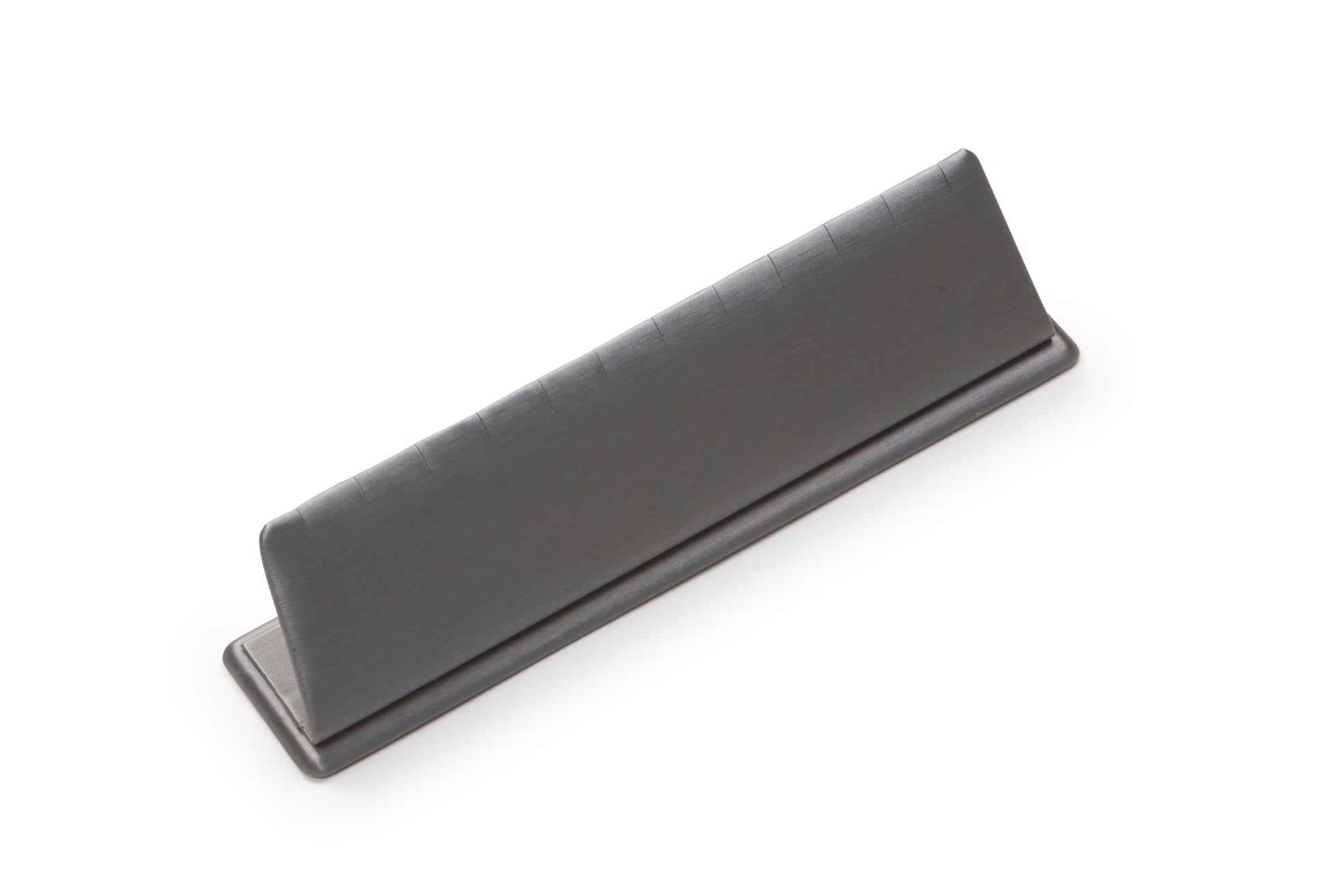 A silver gray leatherette 6 pendant stand designed to display pendants in an organized manner.