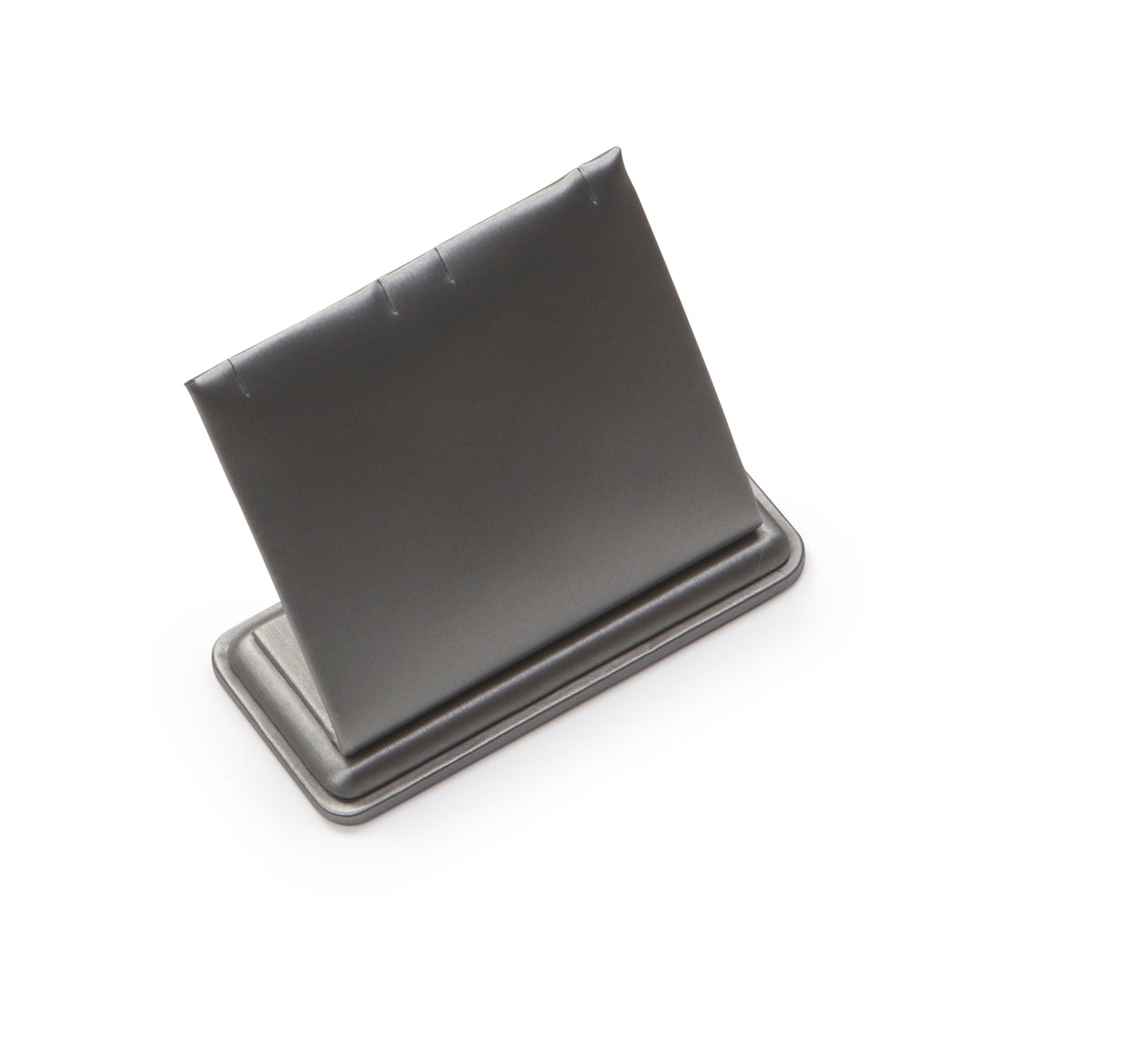 An image of a silver gray leatherette jewelry pendant stand designed to hold two pendants.