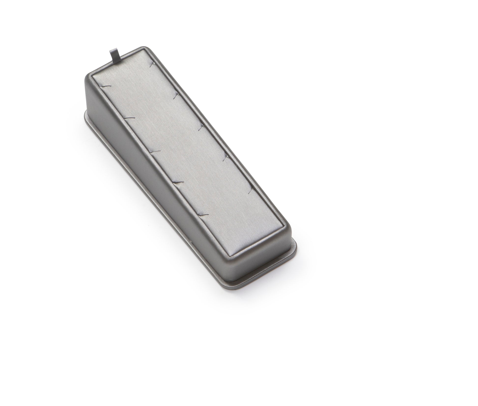 A silver gray leatherette tray designed to hold up to five pendants.