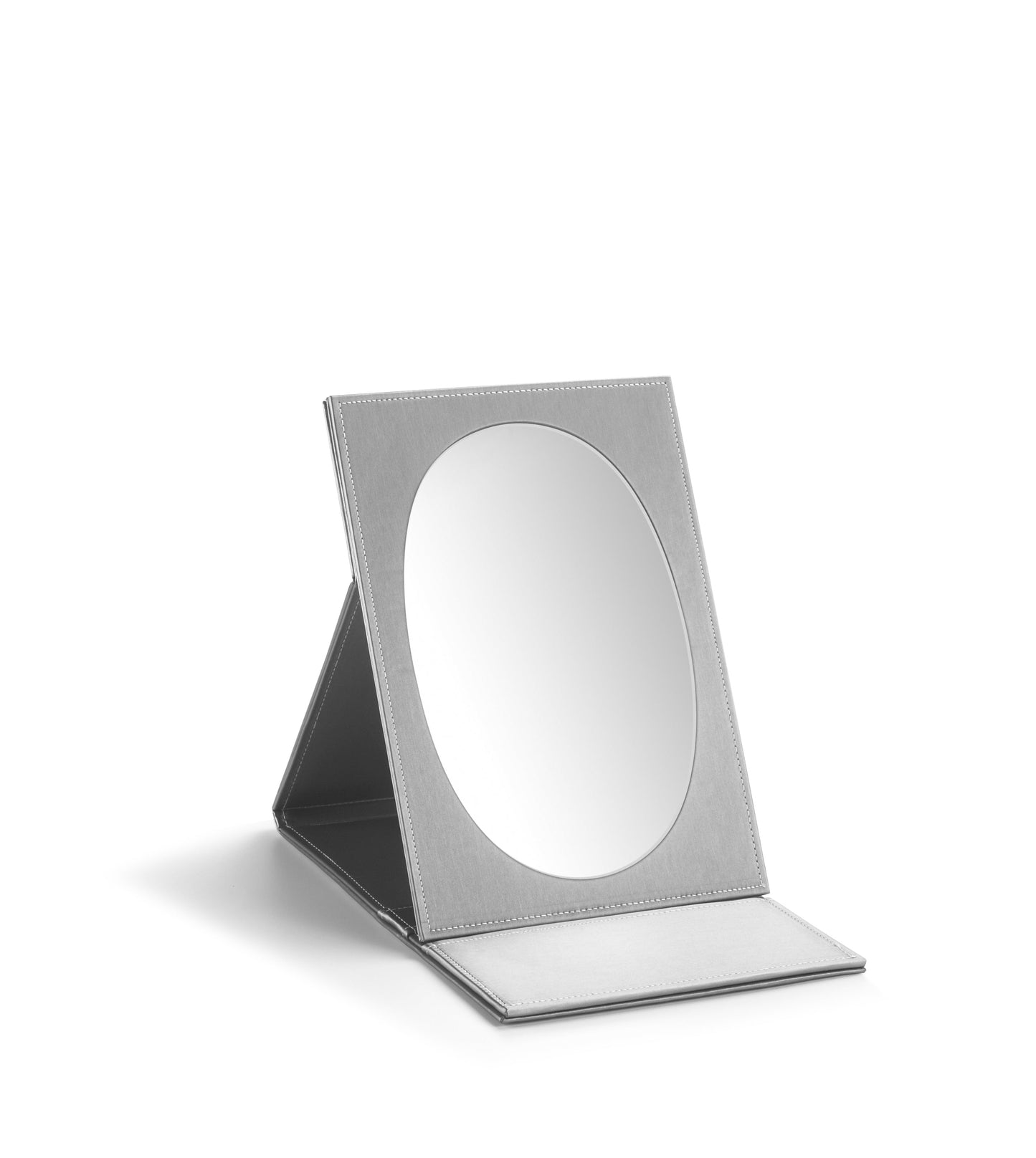 Silver Gray Leatherette Large Oval Foldable Mirror
