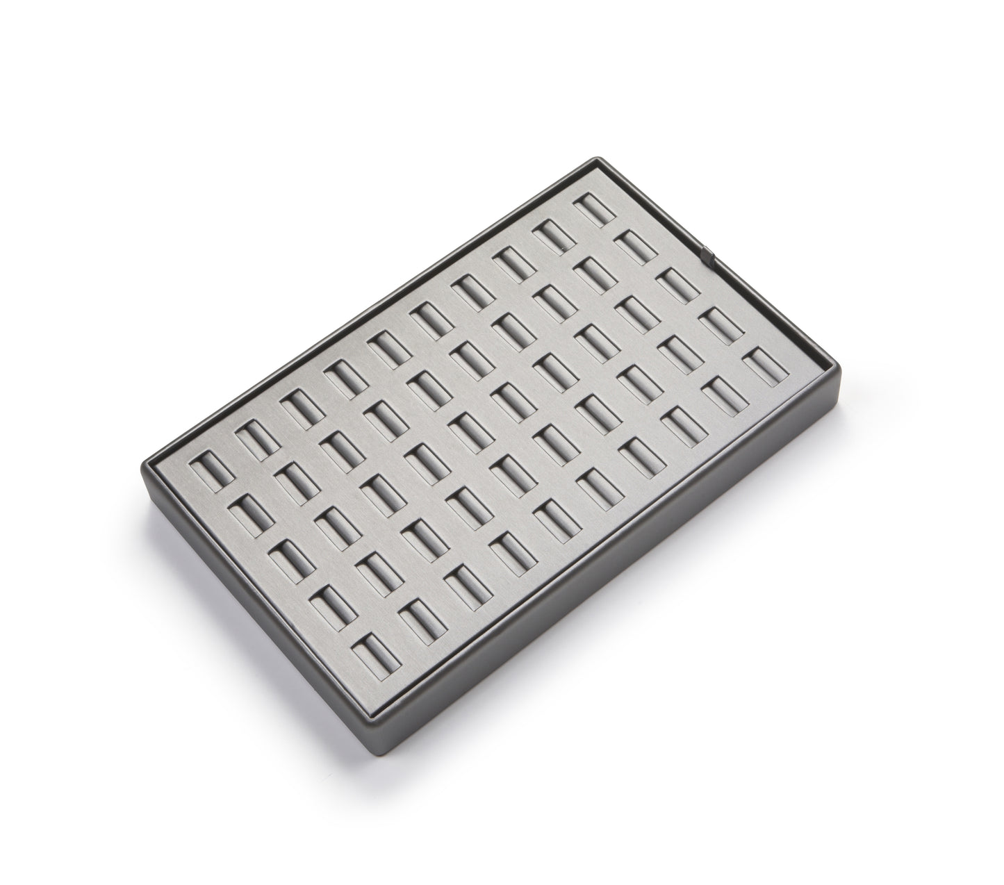Silver gray leatherette material ring tray with multiple individual slots to hold rings, displayed against a white background.