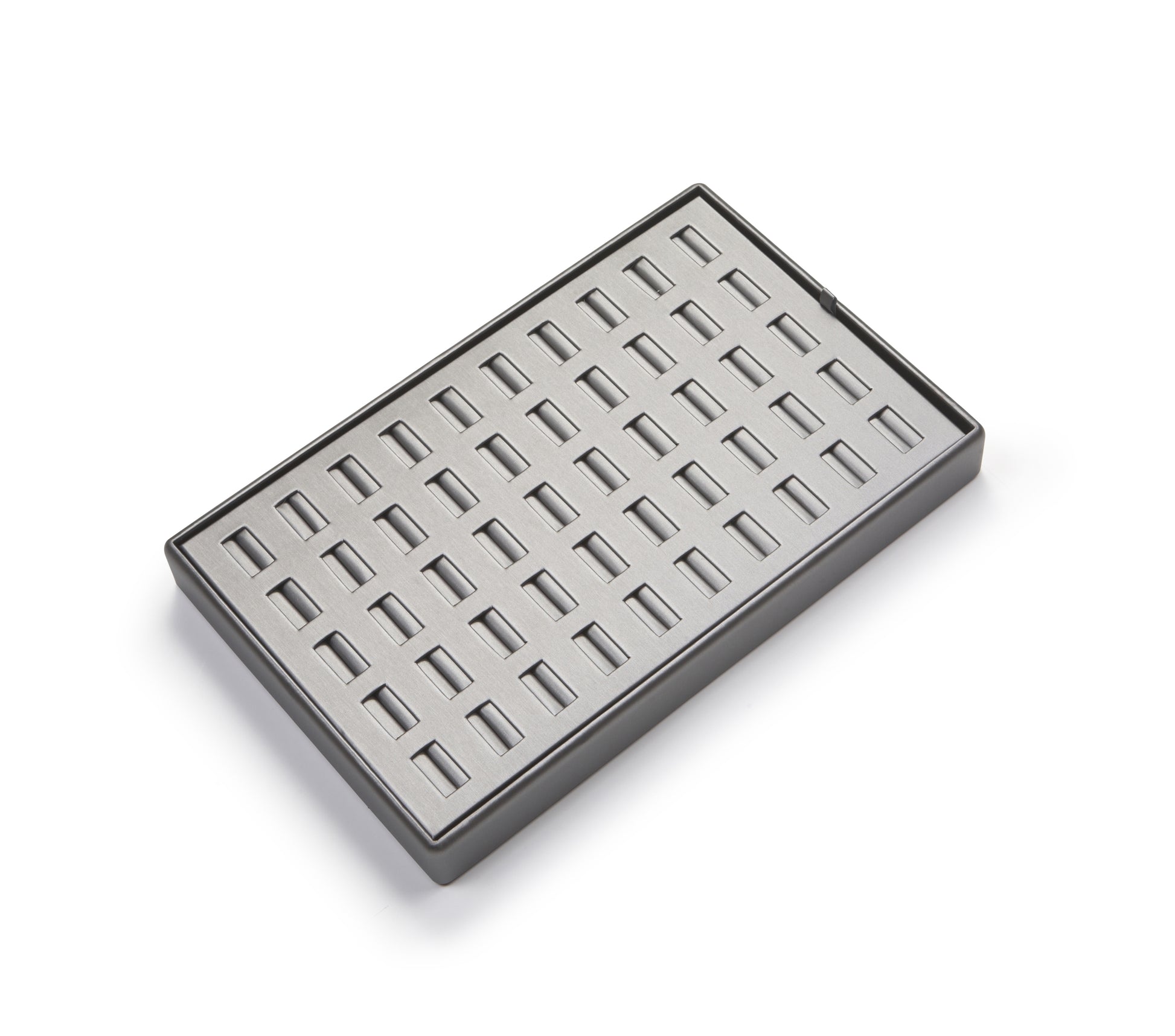 Silver gray leatherette material ring tray with multiple individual slots to hold rings, displayed against a white background.
