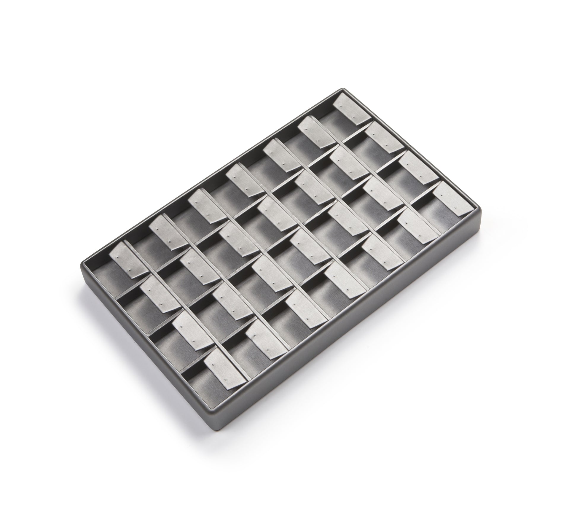 Silver gray leatherette earring tray designed to hold 28 pairs of earrings, with a sleek and organized layout.