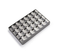 Silver gray leatherette earring tray designed to hold 28 pairs of earrings, with a sleek and organized layout.