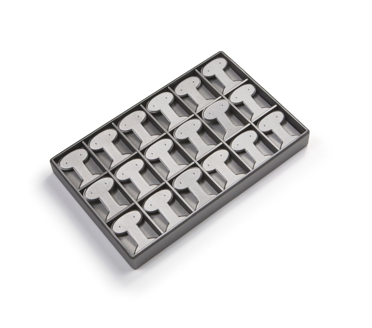 A silver gray leatherette earring tree tray designed to hold 18 pairs of earrings, with a sleek and efficient display solution.