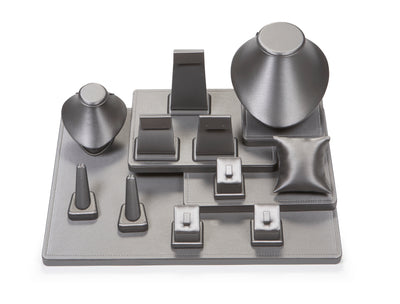 Silver Gray Leatherette Showcase Display Set