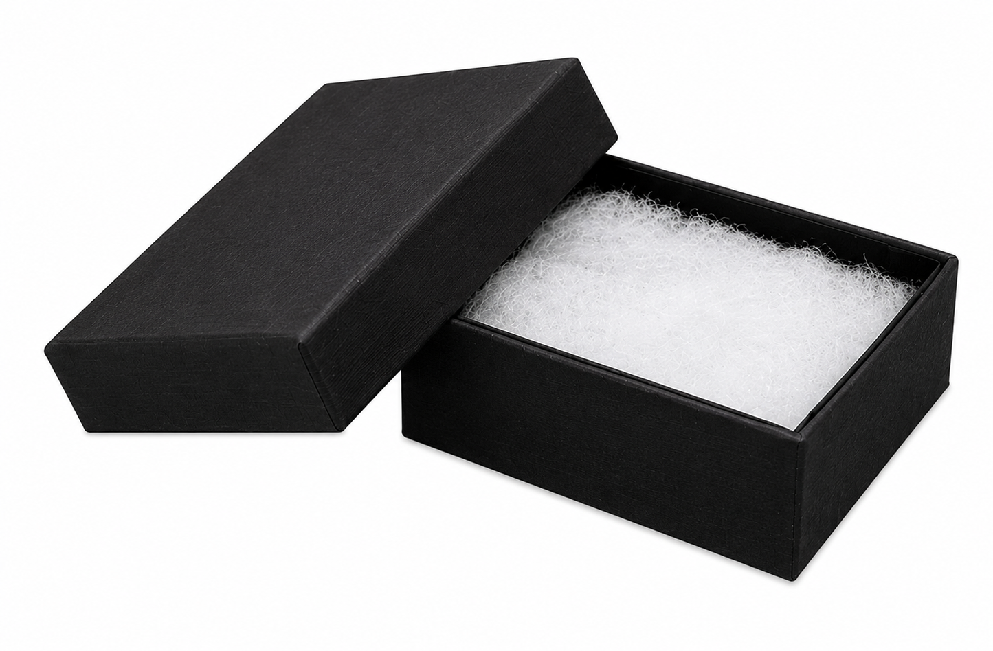 Black jewelry box with a white interior on a white background