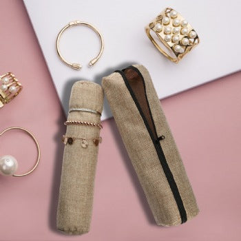 Novel Box Burlap Velvet Bangle Watch Bracelet Soft Cushioned Roll Display