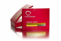Red box of Connoisseurs jewelry wipes on a white background