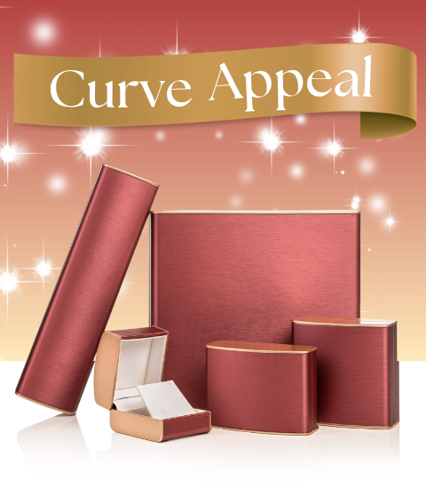 Red jewelry boxes with 'Curve Appeal' banner on a gradient background