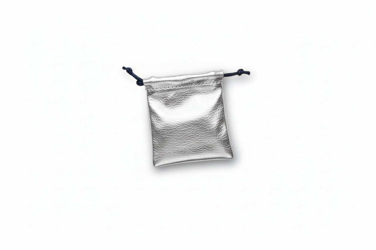 Silver drawstring pouch on a white background