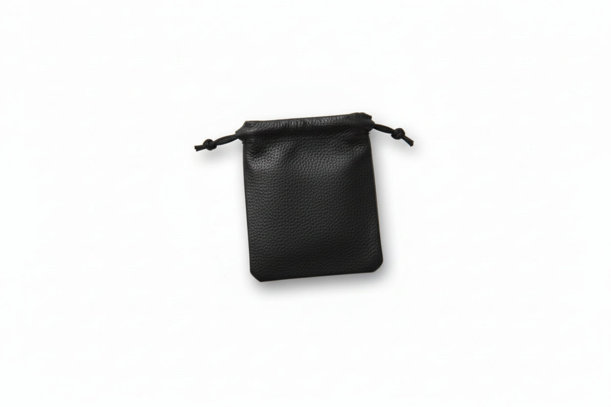 Black drawstring pouch on a white background
