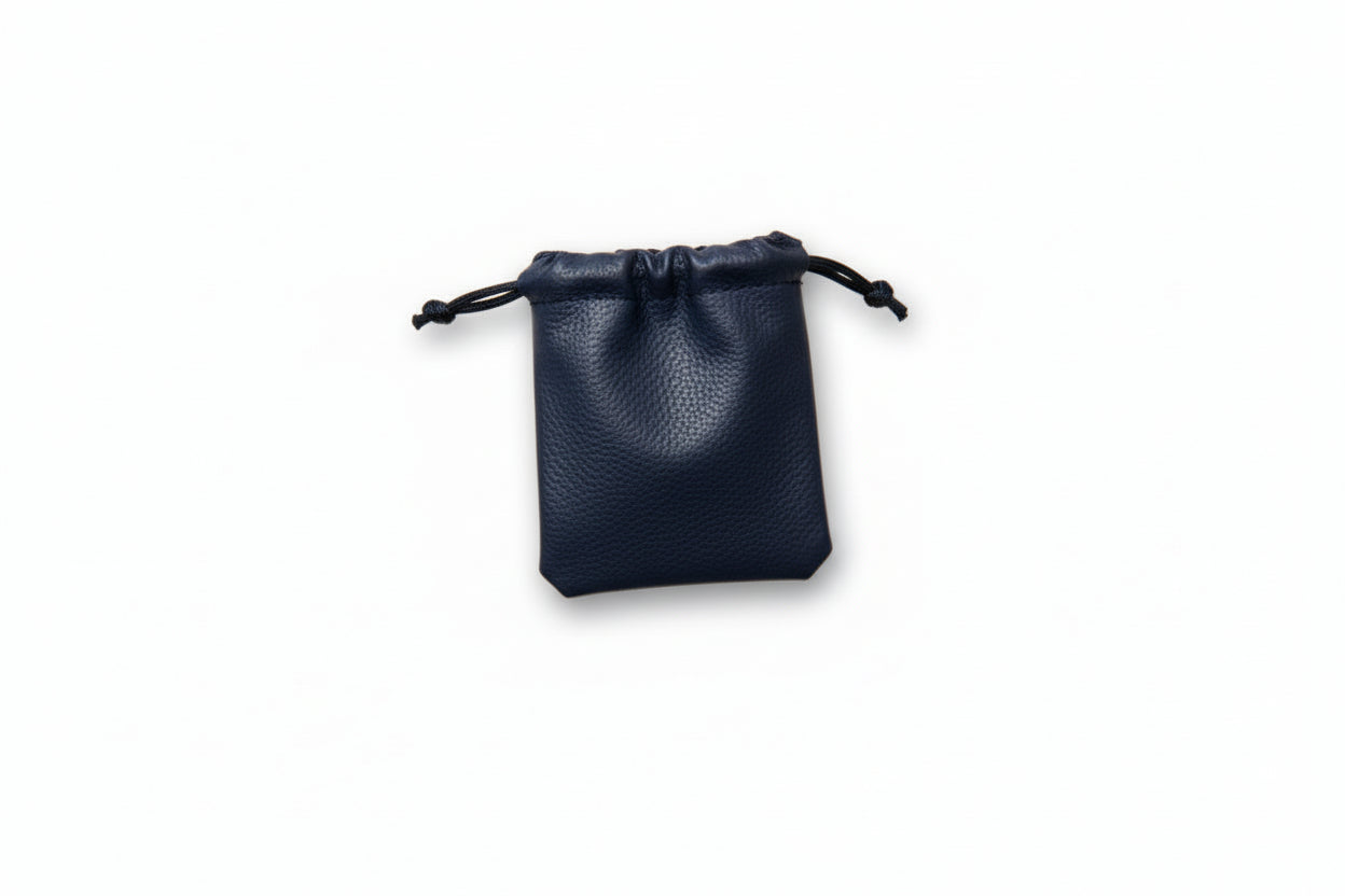 A blue leatherette drawstring pouch.