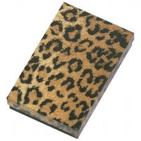 A leopard print cotton filled jewelry box with a closed lid.