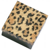 A leopard print cotton filled jewelry box with a square shape and a lid.