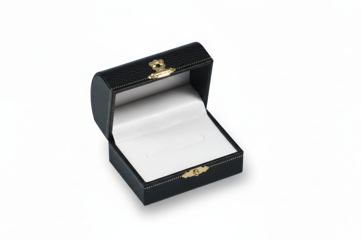 Open brown jewelry box with white interior on a white background