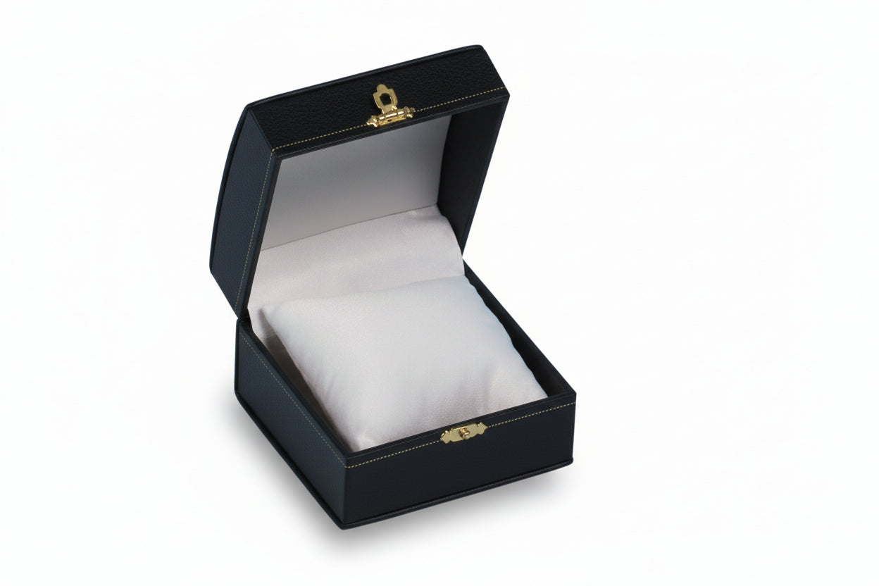 Open jewelry box with a white interior on a white background