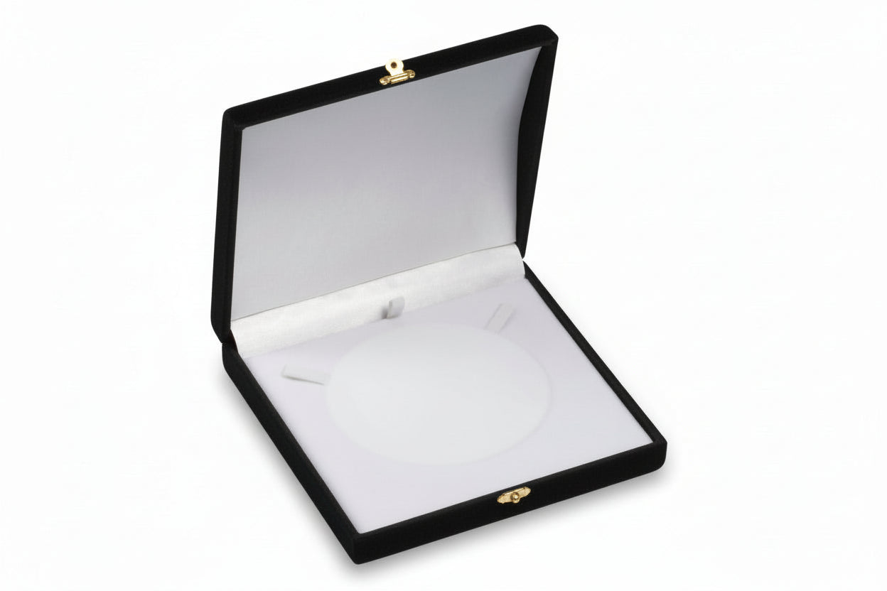 Open maroon jewelry box with white interior on a white background