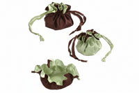 Three green and brown drawstring bags on a white background