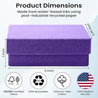 Purple yoga block with dimensions and sustainability information