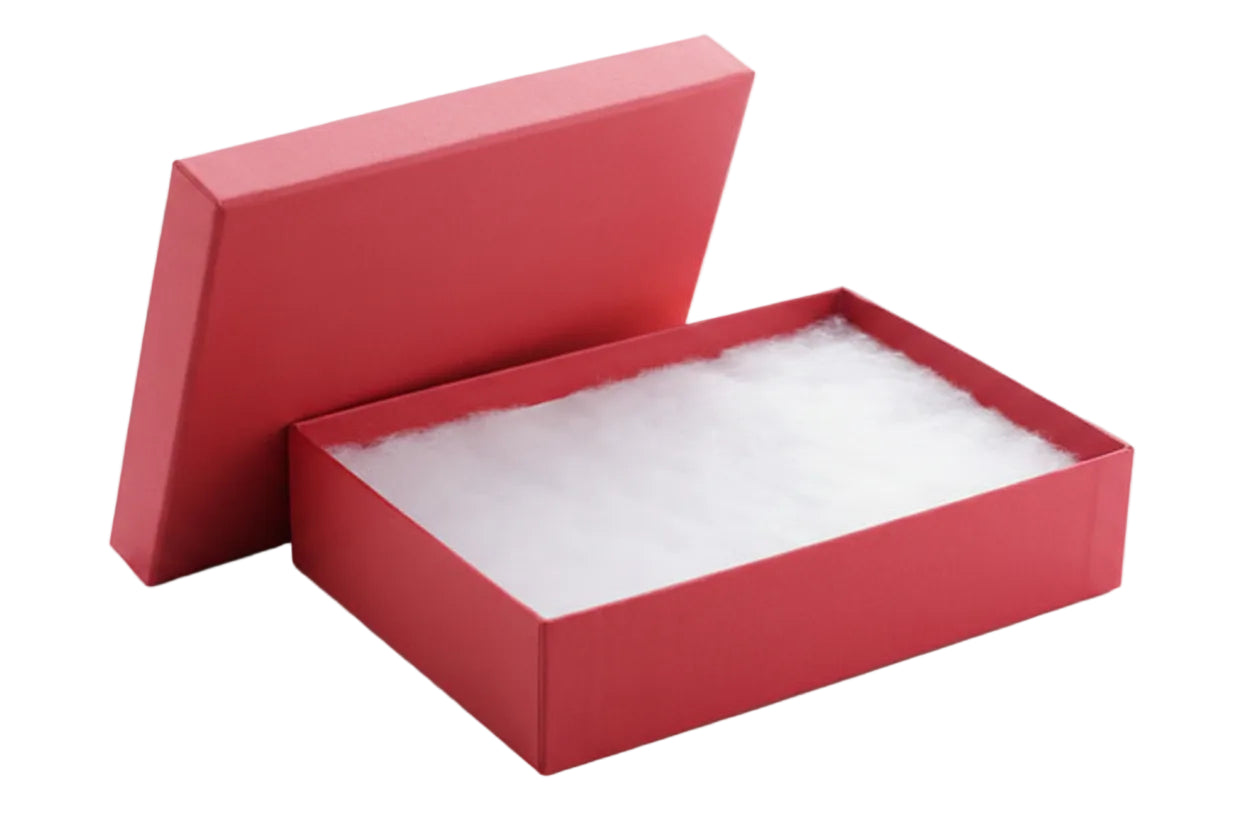 Red cardboard box with white cushioning on a white background