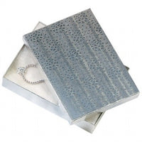 A silver cotton filled jewelry box with a reflective surface, shown open with a ring inside.