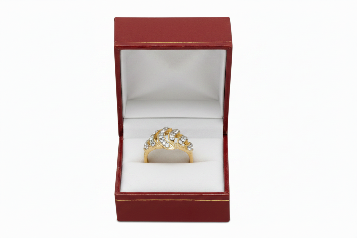 Ring with diamonds in a red jewelry box