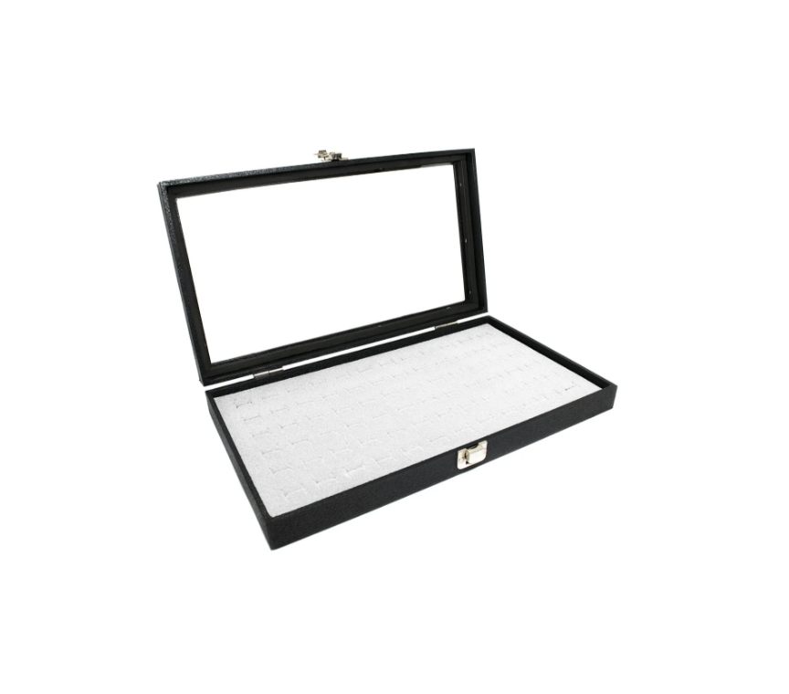 Glass Top Wood Box, Hinged with Latch, 72 Black Ring Foam Insert