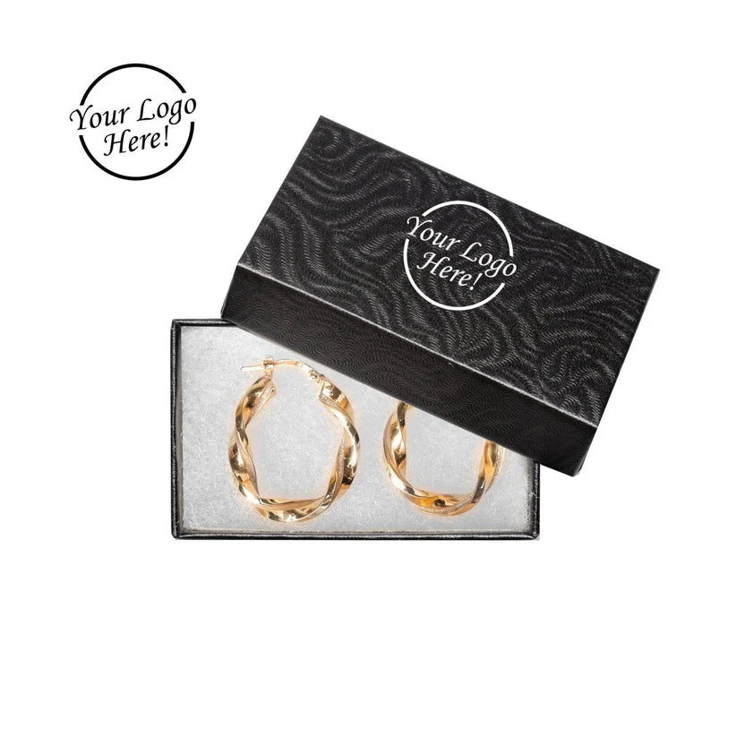 Hoop earrings in a black box with 'Your Logo Here!' text.