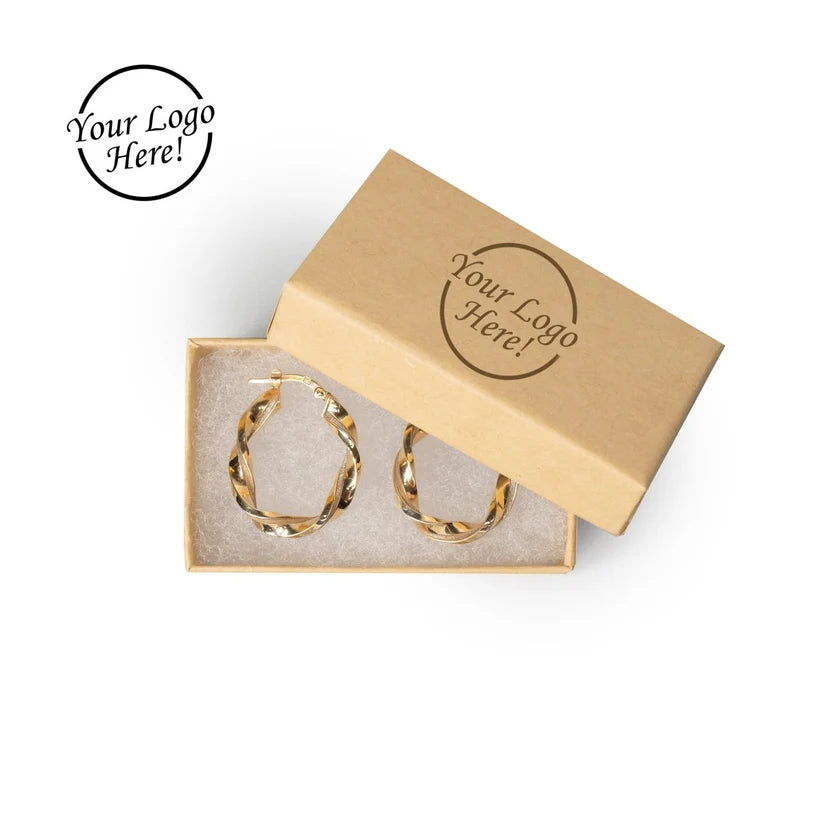 Hoop earrings in a branded box with 'Your Logo Here!' text.